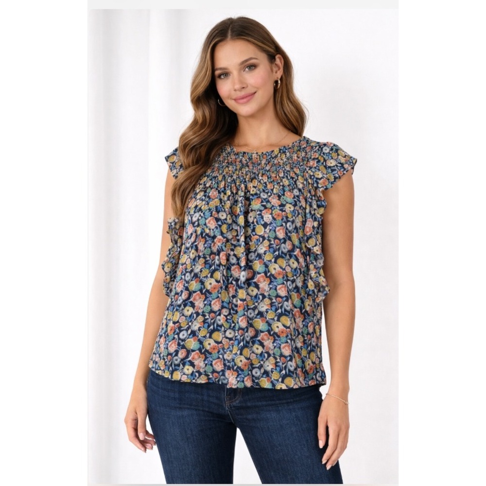 LOFT Floral Smocked Front Cold Shoulder Ruffle Sleeve Blouse Top - Size MP